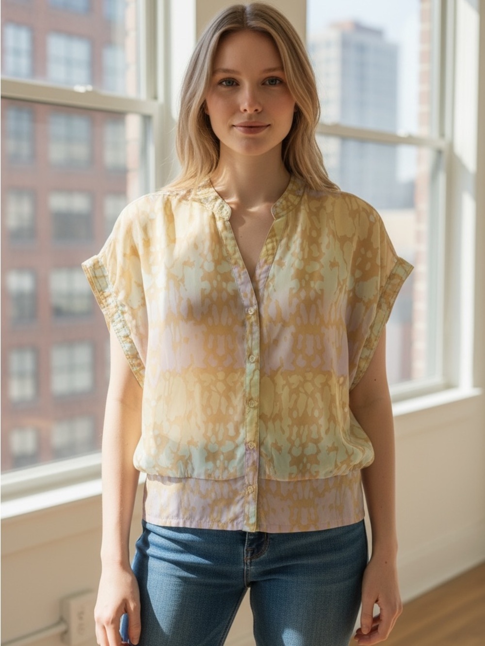Buffalo David Bitton Pale Purple and Light Green Watercolor Button-Front Top